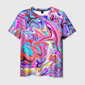 Мужская футболка 3D с принтом ЖИДКИЕ КРАСКИ в Курске, 100% полиэфир | прямой крой, круглый вырез горловины, длина до линии бедер | colorfull | multicolor | абстрактный | абстракция | акварель | гуашь | жидкий | летняя | мода2021 | подтеки | психоделический | разводы краски | разноцветная | стиль | трендовый | яркий принт
