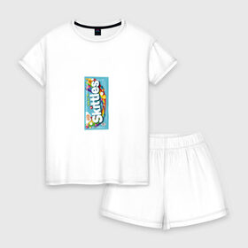 Женская пижама с шортиками хлопок с принтом Skittles | Голубой в Курске, 100% хлопок | футболка прямого кроя, шорты свободные с широкой мягкой резинкой | blue | freeze pop | limited edition | skittles | скитлс