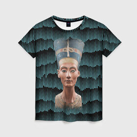 Женская футболка 3D с принтом Нефертити в Курске, 100% полиэфир ( синтетическое хлопкоподобное полотно) | прямой крой, круглый вырез горловины, длина до линии бедер | африка | божества | волны | геометрия | египет | маска | нефертити | фараон | царица