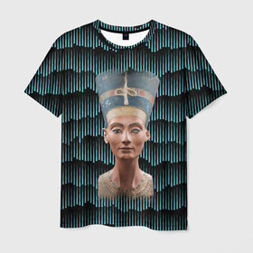 Мужская футболка 3D с принтом Нефертити в Курске, 100% полиэфир | прямой крой, круглый вырез горловины, длина до линии бедер | африка | божества | волны | геометрия | египет | маска | нефертити | фараон | царица