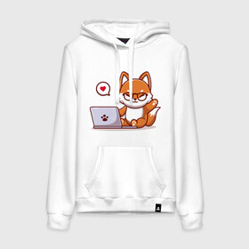 Женская толстовка хлопок с принтом Cute fox and laptop в Курске, френч-терри, мягкий теплый начес внутри (100% хлопок) | карман-кенгуру, эластичные манжеты и нижняя кромка, капюшон с подкладом и шнурком | Тематика изображения на принте: fox | laptop | love | кицуне | кицунэ | комп | компьютер | лапа | лапка | лиса | лисенок | лисичка | лэптоп | любовь | ноут | ноутбук | отпечаток | очки | привет | рука | ручка | сердечко | сердце