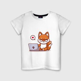 Детская футболка хлопок с принтом Cute fox and laptop в Курске, 100% хлопок | круглый вырез горловины, полуприлегающий силуэт, длина до линии бедер | Тематика изображения на принте: fox | laptop | love | кицуне | кицунэ | комп | компьютер | лапа | лапка | лиса | лисенок | лисичка | лэптоп | любовь | ноут | ноутбук | отпечаток | очки | привет | рука | ручка | сердечко | сердце