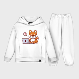 Детский костюм хлопок Oversize с принтом Cute fox and laptop в Курске,  |  | Тематика изображения на принте: fox | laptop | love | кицуне | кицунэ | комп | компьютер | лапа | лапка | лиса | лисенок | лисичка | лэптоп | любовь | ноут | ноутбук | отпечаток | очки | привет | рука | ручка | сердечко | сердце