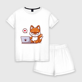 Женская пижама с шортиками хлопок с принтом Cute fox and laptop в Курске, 100% хлопок | футболка прямого кроя, шорты свободные с широкой мягкой резинкой | Тематика изображения на принте: fox | laptop | love | кицуне | кицунэ | комп | компьютер | лапа | лапка | лиса | лисенок | лисичка | лэптоп | любовь | ноут | ноутбук | отпечаток | очки | привет | рука | ручка | сердечко | сердце