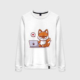 Женский свитшот хлопок с принтом Cute fox and laptop в Курске, 100% хлопок | прямой крой, круглый вырез, на манжетах и по низу широкая трикотажная резинка  | Тематика изображения на принте: fox | laptop | love | кицуне | кицунэ | комп | компьютер | лапа | лапка | лиса | лисенок | лисичка | лэптоп | любовь | ноут | ноутбук | отпечаток | очки | привет | рука | ручка | сердечко | сердце