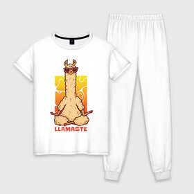 Женская пижама хлопок с принтом Llamaste в Курске, 100% хлопок | брюки и футболка прямого кроя, без карманов, на брюках мягкая резинка на поясе и по низу штанин | art | lama | meditation | namaste | yoga | арт | йога | лама | медитация | намасте