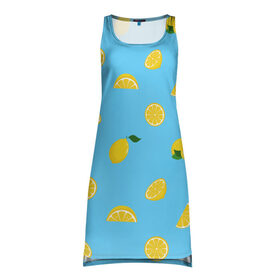 Платье-майка 3D с принтом Лимоны на голубом в Курске, 100% полиэстер | полуприлегающий силуэт, широкие бретели, круглый вырез горловины, удлиненный подол сзади. | citrus | lemon | pattern | seamless | summer | tropical | желтый | лето | лимон | природа | тропики | узор | фрукты | цитрус | экзотика
