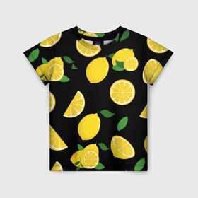 Детская футболка 3D с принтом Лимоны на чёрном в Курске, 100% гипоаллергенный полиэфир | прямой крой, круглый вырез горловины, длина до линии бедер, чуть спущенное плечо, ткань немного тянется | citrus natural fruit | fresh | illustration | organic | pattern | texture | лето | лимон | свежесть | тропики | узор | фон | фрукты | цитрус | экзотика