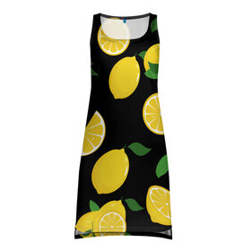 Платье-майка 3D с принтом Лимоны на чёрном в Курске, 100% полиэстер | полуприлегающий силуэт, широкие бретели, круглый вырез горловины, удлиненный подол сзади. | citrus natural fruit | fresh | illustration | organic | pattern | texture | лето | лимон | свежесть | тропики | узор | фон | фрукты | цитрус | экзотика
