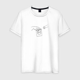 Мужская футболка хлопок с принтом Вискас в Курске, 100% хлопок | прямой крой, круглый вырез горловины, длина до линии бедер, слегка спущенное плечо. | вискас | животные | искусство | кот | котик | прикол | сотворение адама | юмор