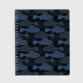 Тетрадь с принтом Синие рыбы на темном фоне в Курске, 100% бумага | 48 листов, плотность листов — 60 г/м2, плотность картонной обложки — 250 г/м2. Листы скреплены сбоку удобной пружинной спиралью. Уголки страниц и обложки скругленные. Цвет линий — светло-серый
 | морской паттерн | подводный мир | рыбы | синие рыбы