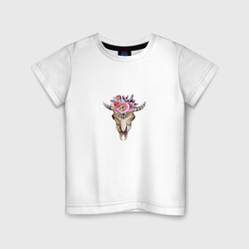 Детская футболка хлопок с принтом Черепушка в бохо-стиле в Курске, 100% хлопок | круглый вырез горловины, полуприлегающий силуэт, длина до линии бедер | бохо | бохо стиль | череп коровы | череп с цветами