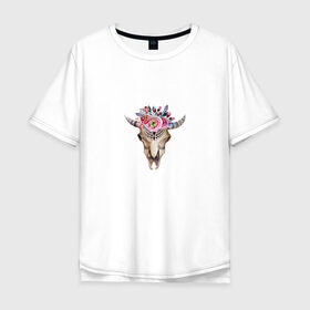 Мужская футболка хлопок Oversize с принтом Черепушка в бохо-стиле в Курске, 100% хлопок | свободный крой, круглый ворот, “спинка” длиннее передней части | бохо | бохо стиль | череп коровы | череп с цветами
