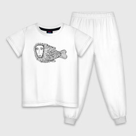 Детская пижама хлопок с принтом Пернатая рыба в Курске, 100% хлопок |  брюки и футболка прямого кроя, без карманов, на брюках мягкая резинка на поясе и по низу штанин
 | графика | девушка | пернатая рыба | рыба | черно белая