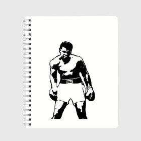 Тетрадь с принтом The Greatest (Muhammad Ali) в Курске, 100% бумага | 48 листов, плотность листов — 60 г/м2, плотность картонной обложки — 250 г/м2. Листы скреплены сбоку удобной пружинной спиралью. Уголки страниц и обложки скругленные. Цвет линий — светло-серый
 | ali | clay | mohammed | али | боец | боксер | величайший | возможность | искусства | касиус | клей | личность | мозайка | мотивация | мохаммед | мухамед | перчатки | сила | слова | спорт | темный | узор