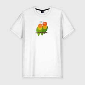 Мужская футболка хлопок Slim с принтом Неразлучники в Курске, 92% хлопок, 8% лайкра | приталенный силуэт, круглый вырез ворота, длина до линии бедра, короткий рукав | любовь | неразлучники | пара | попугаи | попугай | попугайчики | семейная пара