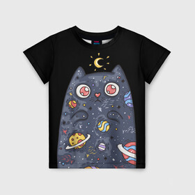 Детская футболка 3D с принтом КОСМИЧЕСКИЙ КОТ в Курске, 100% гипоаллергенный полиэфир | прямой крой, круглый вырез горловины, длина до линии бедер, чуть спущенное плечо, ткань немного тянется | Тематика изображения на принте: артемис | астероиды | вселенная | галактика | диана | звезды | кометы | космос | кот | котенок | котик | луна | месяц | ночь | планеты | сейлор мун | туманность | черная кошка