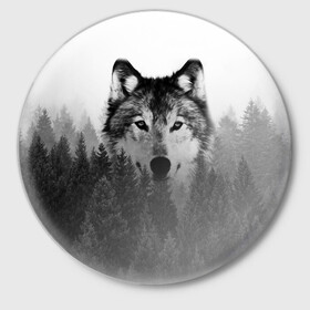 Значок с принтом Волк в Курске,  металл | круглая форма, металлическая застежка в виде булавки | tegunvteg | волк | деревья | красивый лес | лес | листья | природа | собака | темный лес