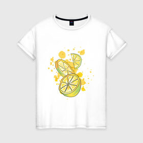 Женская футболка хлопок с принтом Лимон и Лайм в Курске, 100% хлопок | прямой крой, круглый вырез горловины, длина до линии бедер, слегка спущенное плечо | art | food | juice | juicy | lemon | lime | summer | watercolor | watercolour | акварель | акварельные фрукты | арт | брызги | витамин с | еда | желтый лимон | зеленый лайм | иллюстрация | лето | правильное питание | природа | рисунок