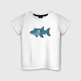 Детская футболка хлопок с принтом АКУЛЕНОК в Курске, 100% хлопок | круглый вырез горловины, полуприлегающий силуэт, длина до линии бедер | fish | megalodon | shark | teeth | white shark | акула | белая акула | зубы | мегалодон | рыба