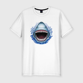 Мужская футболка хлопок Slim с принтом АКУЛА ЧЕЛЮСТИ в Курске, 92% хлопок, 8% лайкра | приталенный силуэт, круглый вырез ворота, длина до линии бедра, короткий рукав | Тематика изображения на принте: fish | jaws | megalodon | shark | teeth | white shark | акула | белая акула | зубы | клыки | мегалодон | пасть | рот | рыба | челюсти