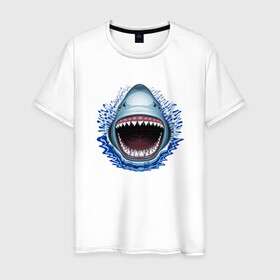 Мужская футболка хлопок с принтом АКУЛА ЧЕЛЮСТИ в Курске, 100% хлопок | прямой крой, круглый вырез горловины, длина до линии бедер, слегка спущенное плечо. | Тематика изображения на принте: fish | jaws | megalodon | shark | teeth | white shark | акула | белая акула | зубы | клыки | мегалодон | пасть | рот | рыба | челюсти