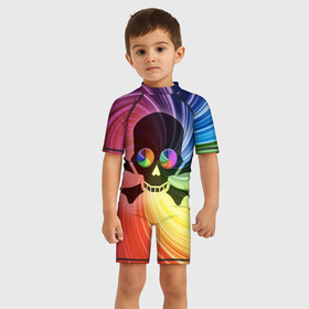 Детский купальный костюм 3D с принтом Радужный череп в Курске, Полиэстер 85%, Спандекс 15% | застежка на молнии на спине | Тематика изображения на принте: colorful | rainbow | skull | swirl | водоворот | радуга | разноцветный | череп