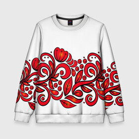 Детский свитшот 3D с принтом ХОХЛОМА в Курске, 100% полиэстер | свободная посадка, прямой крой, мягкая тканевая резинка на рукавах и понизу свитшота | Тематика изображения на принте: ветки | земляника | земляники | красные | одежда | ромашки | русь | рябина | рябины | сочные | традиционная | узоры | хохлома | цветы | ягоды