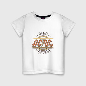 Детская футболка хлопок с принтом AC DC | HIGH VOLTAGE в Курске, 100% хлопок | круглый вырез горловины, полуприлегающий силуэт, длина до линии бедер | Тематика изображения на принте: ac dc | acdc | high | voltage | группы | метал | музыка | рок | хард рок | эйси диси | эйсидиси