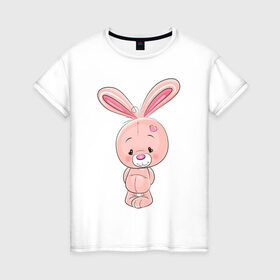 Женская футболка хлопок с принтом скромный зайка в Курске, 100% хлопок | прямой крой, круглый вырез горловины, длина до линии бедер, слегка спущенное плечо | детсике | зайка | зайченок | зайчик | кролик | милаш | рисунок | скромный