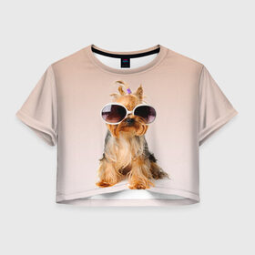 Женская футболка Crop-top 3D с принтом собака в очках в Курске, 100% полиэстер | круглая горловина, длина футболки до линии талии, рукава с отворотами | лето | маленткая | мода | отдых | очки | собака | солнечные очки | солнцезащитные очки | хвостик