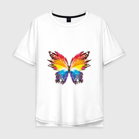 Мужская футболка хлопок Oversize с принтом бабочка краской в Курске, 100% хлопок | свободный крой, круглый ворот, “спинка” длиннее передней части | бабочка | беспозвоночные | брызги | градиент | краска | красочная | крылья | лето | мотыльки и бабочки | насекомое | насекомые | радуга | ярко