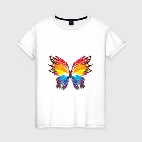 Женская футболка хлопок с принтом бабочка краской в Курске, 100% хлопок | прямой крой, круглый вырез горловины, длина до линии бедер, слегка спущенное плечо | бабочка | беспозвоночные | брызги | градиент | краска | красочная | крылья | лето | мотыльки и бабочки | насекомое | насекомые | радуга | ярко