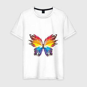 Мужская футболка хлопок с принтом бабочка краской в Курске, 100% хлопок | прямой крой, круглый вырез горловины, длина до линии бедер, слегка спущенное плечо. | бабочка | беспозвоночные | брызги | градиент | краска | красочная | крылья | лето | мотыльки и бабочки | насекомое | насекомые | радуга | ярко