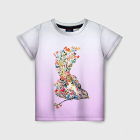 Детская футболка 3D с принтом акварельная птичка в Курске, 100% гипоаллергенный полиэфир | прямой крой, круглый вырез горловины, длина до линии бедер, чуть спущенное плечо, ткань немного тянется | Тематика изображения на принте: акварель | весна | краска | птица | птичка | рисунок | цветочки | цветы