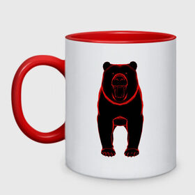 Кружка двухцветная с принтом Медведь в Курске, керамика | объем — 330 мл, диаметр — 80 мм. Цветная ручка и кайма сверху, в некоторых цветах — вся внутренняя часть | агрессия | гнев | зверь | медведь | хищник | черный