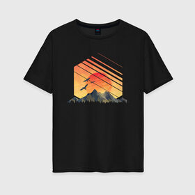 Женская футболка хлопок Oversize с принтом Mountain Galaxy Sunset в Курске, 100% хлопок | свободный крой, круглый ворот, спущенный рукав, длина до линии бедер
 | abstract | art | geometric | geometry | landscape | minimalism | sky | space | sun | абстракция | арт | векторный рисунок | восход | галактика | геометрия | гора | горный пейзаж | горы | закат | картина | космос | минимализм | небо