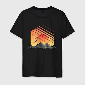 Мужская футболка хлопок с принтом Mountain Galaxy Sunset в Курске, 100% хлопок | прямой крой, круглый вырез горловины, длина до линии бедер, слегка спущенное плечо. | abstract | art | geometric | geometry | landscape | minimalism | sky | space | sun | абстракция | арт | векторный рисунок | восход | галактика | геометрия | гора | горный пейзаж | горы | закат | картина | космос | минимализм | небо