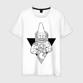 Мужская футболка хлопок с принтом Gnome Chompski Astronaut в Курске, 100% хлопок | прямой крой, круглый вырез горловины, длина до линии бедер, слегка спущенное плечо. | garden gnome | gnome alone | little rocket man | гном чомски | маленький космонавт | один гнома | садовый гном