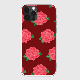 Чехол для iPhone 12 Pro Max с принтом Розы на красном в Курске, Силикон |  | black | botany | flowers | pattern | plant | red | rose | white | белый | ботаника | красный | растение | роза | узор | цветы | черный