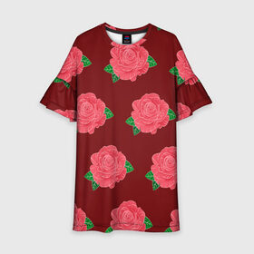 Детское платье 3D с принтом Розы на красном в Курске, 100% полиэстер | прямой силуэт, чуть расширенный к низу. Круглая горловина, на рукавах — воланы | black | botany | flowers | pattern | plant | red | rose | white | белый | ботаника | красный | растение | роза | узор | цветы | черный