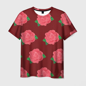 Мужская футболка 3D с принтом Розы на красном в Курске, 100% полиэфир | прямой крой, круглый вырез горловины, длина до линии бедер | Тематика изображения на принте: black | botany | flowers | pattern | plant | red | rose | white | белый | ботаника | красный | растение | роза | узор | цветы | черный