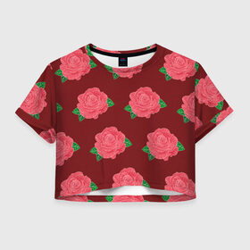 Женская футболка Crop-top 3D с принтом Розы на красном в Курске, 100% полиэстер | круглая горловина, длина футболки до линии талии, рукава с отворотами | black | botany | flowers | pattern | plant | red | rose | white | белый | ботаника | красный | растение | роза | узор | цветы | черный