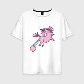 Женская футболка хлопок Oversize с принтом Единорог пукает радугой в Курске, 100% хлопок | свободный крой, круглый ворот, спущенный рукав, длина до линии бедер
 | chubby | fart | pink | rainbow | unicorn | газ | газы | единорог для детей | единорожка | животное | конь | лошадка | на радуге | неприличный единорог | облако | облачко | прикол | радуга | рог | розовое облако