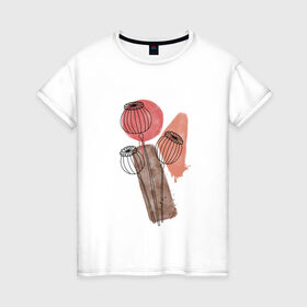 Женская футболка хлопок с принтом Маки в Курске, 100% хлопок | прямой крой, круглый вырез горловины, длина до линии бедер, слегка спущенное плечо | акварель | коричневый | красный | маки | растения | сухоцветы | цветы
