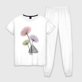 Женская пижама хлопок с принтом Одуванчики в Курске, 100% хлопок | брюки и футболка прямого кроя, без карманов, на брюках мягкая резинка на поясе и по низу штанин | зонтики | лето | растения | серый. одуванчик | сиреневый | сухоцветы | цветы