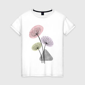 Женская футболка хлопок с принтом Одуванчики в Курске, 100% хлопок | прямой крой, круглый вырез горловины, длина до линии бедер, слегка спущенное плечо | зонтики | лето | растения | серый. одуванчик | сиреневый | сухоцветы | цветы