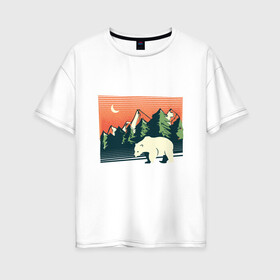 Женская футболка хлопок Oversize с принтом Белый медведь пейзаж с горами в Курске, 100% хлопок | свободный крой, круглый ворот, спущенный рукав, длина до линии бедер
 | landscape | moon | mountain | mountains | north pole | polar | polar bear | russian bear | антарктида | антарктика | арктика | горы | дикая природа | лес | луна | медвежонок | мишка | полярный медведь | природа | русский медведь
