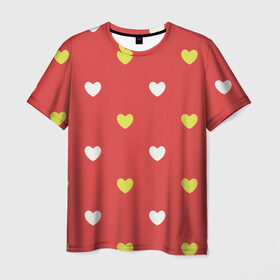 Мужская футболка 3D с принтом Сердечки на красном паттерн в Курске, 100% полиэфир | прямой крой, круглый вырез горловины, длина до линии бедер | background | design | fabric | heart | love | pattern | red | romance | romantic | seamless | valentine | красный | любовь | рисунок | романтика | сердце | узор