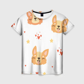 Женская футболка 3D с принтом Милый Корги в Курске, 100% полиэфир ( синтетическое хлопкоподобное полотно) | прямой крой, круглый вырез горловины, длина до линии бедер | забавный корги | корги | милый корги | сердечки | собаки
